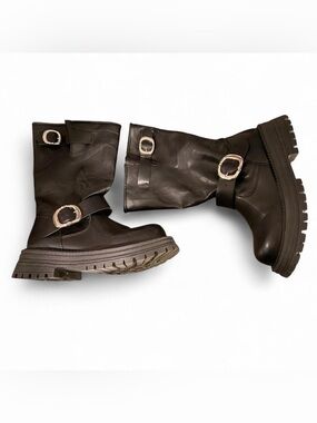 Black Women's Mid-Calf Buckle Combat Boots - Size 6.5